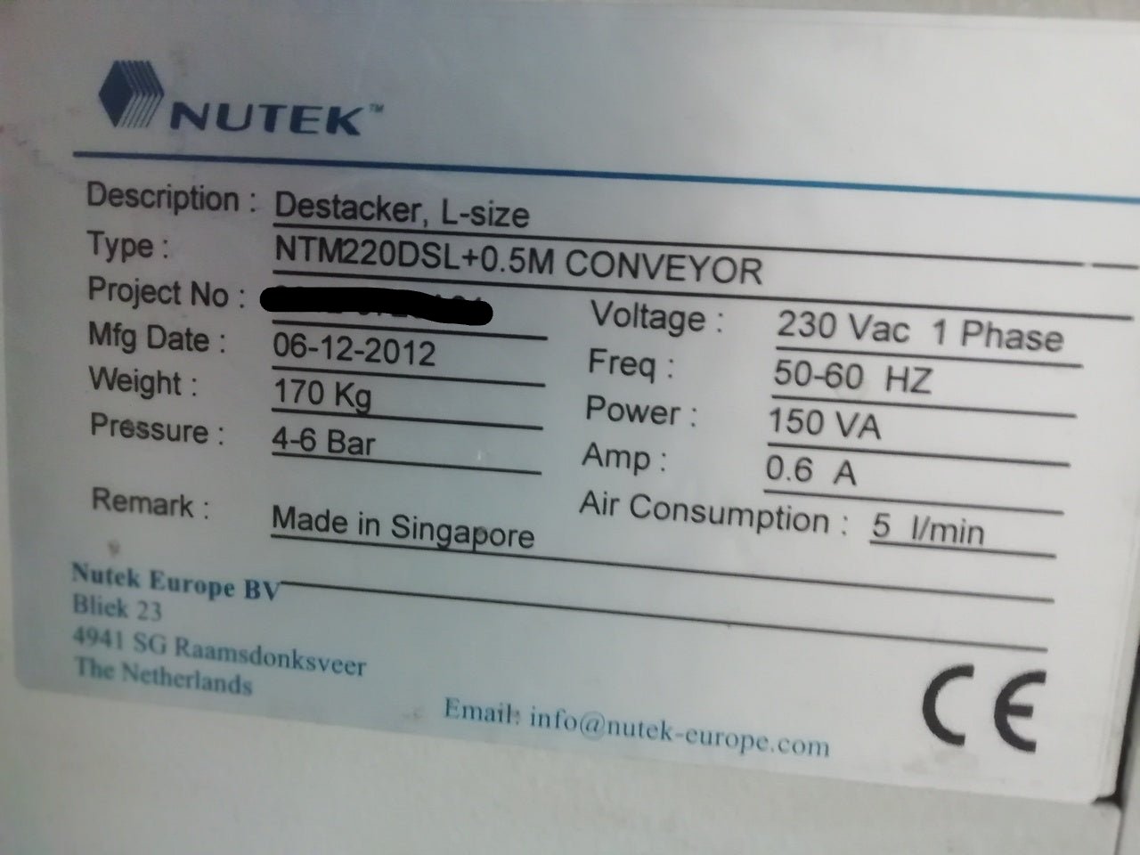NUTEK NTM220DSL plus a 0.5 CONVEYOR, vintage 2012