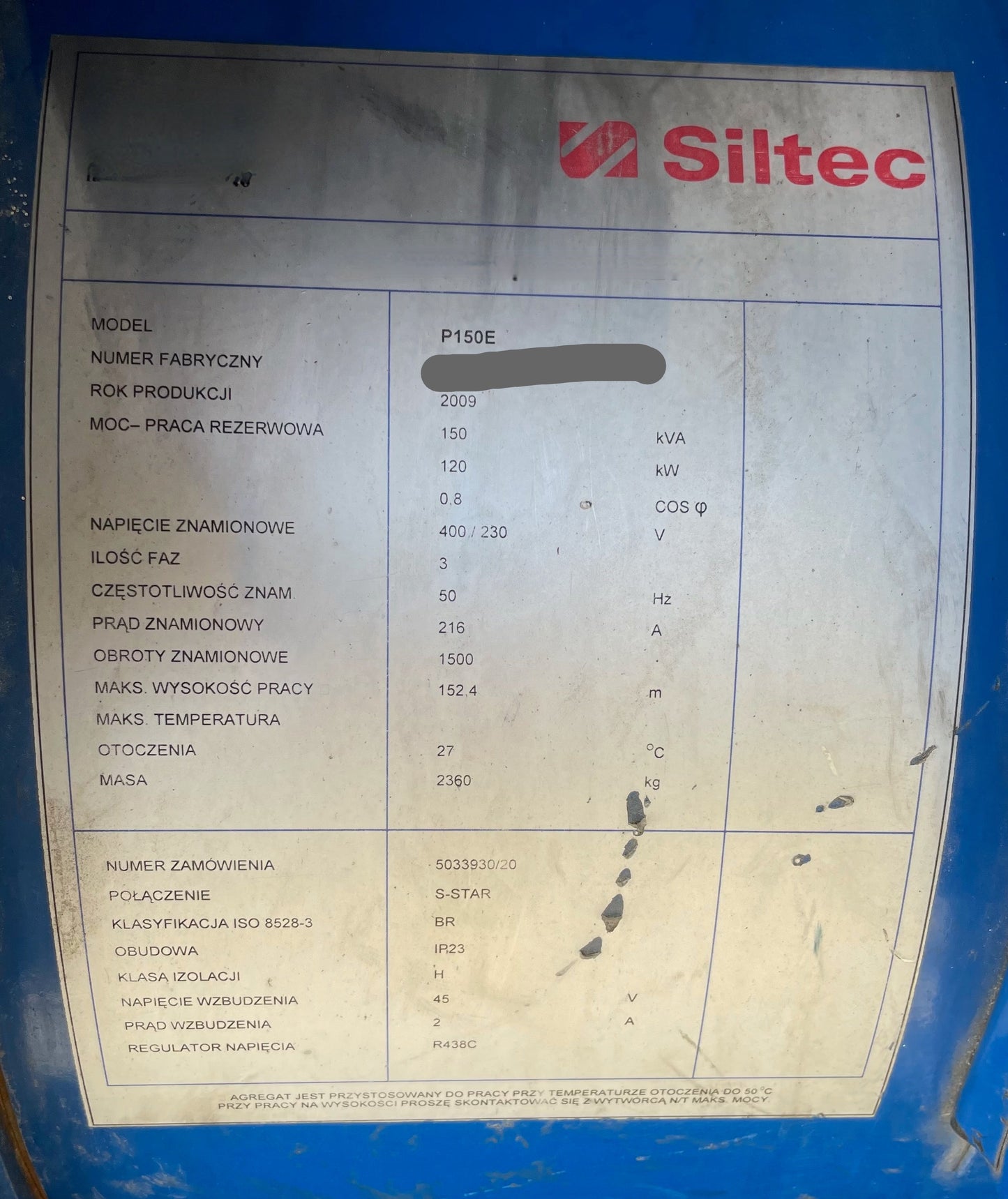 Power Generator Siltec P150E - 150kVA/120KW, vintage 2009